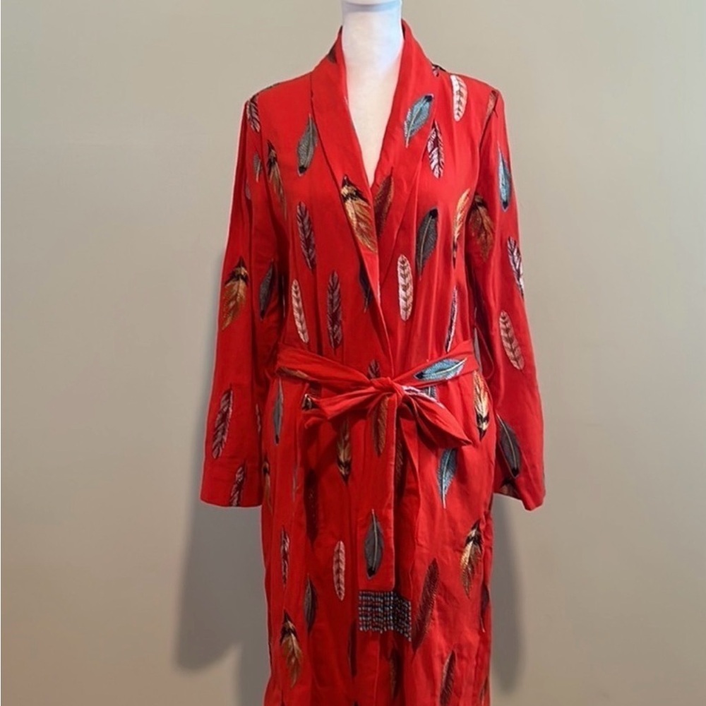Red Feather-Print Women's Robe - Lightweight Wrap Style